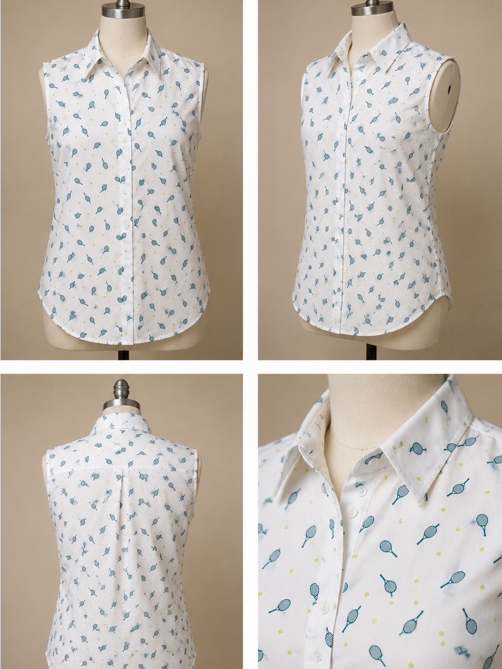 Lands' End Sleeveless White Button-Down Blouse with Blue Tennis Print